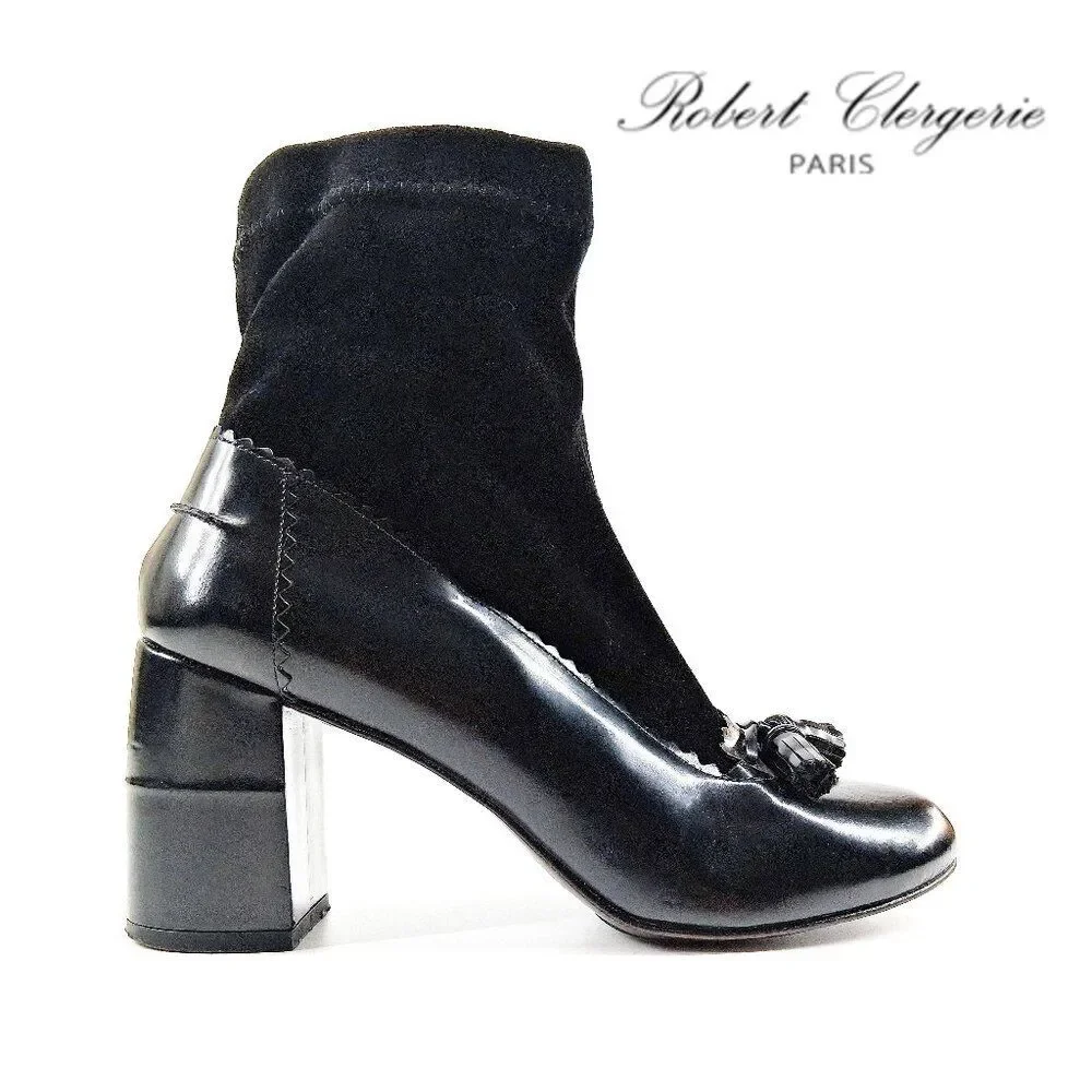 Robert Clergerie Paris Black Leather Sock Boot Heels Tassel Scallop Y2K SZ 7